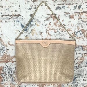 Nanette Lepore Woven Straw Vegan Leather Gold Chain Shoulder Bag Classic‎ Peach